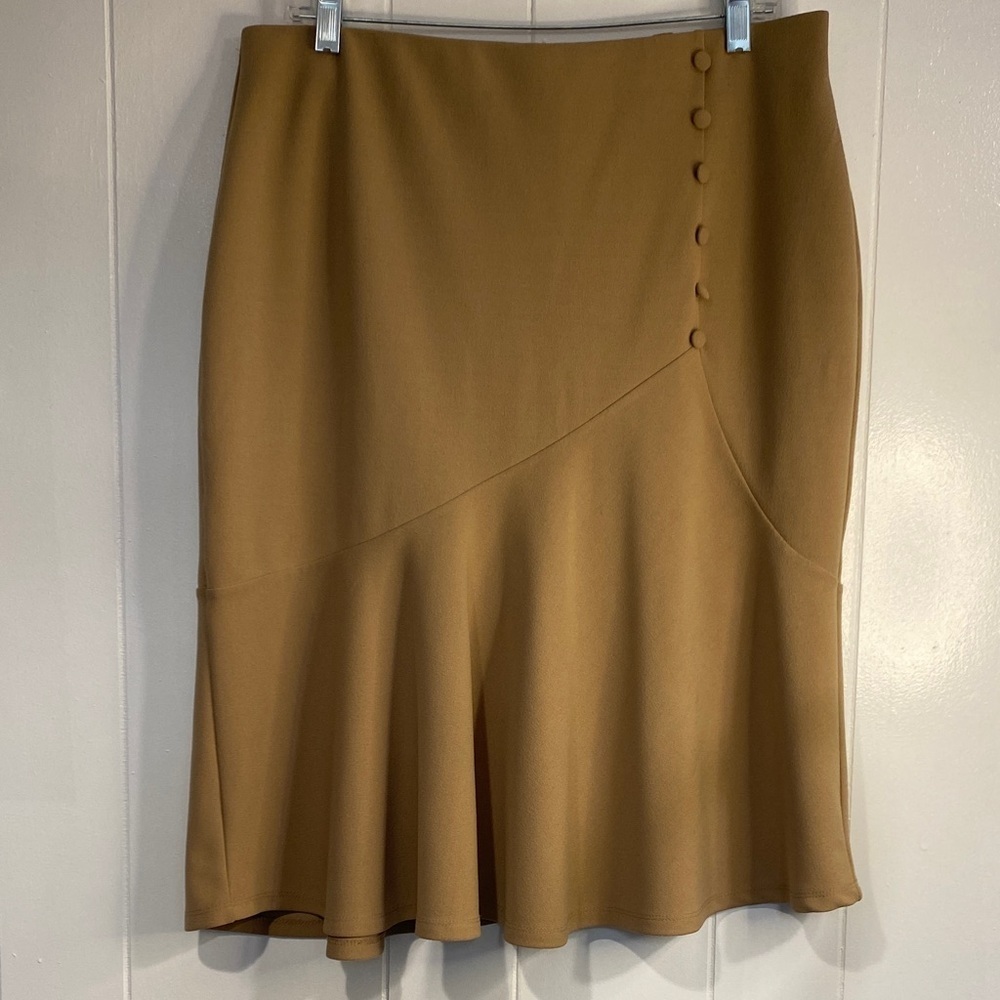 NYCC Camel Asymmetrical Flounce Midi Skirt High Waist Stretch Button Detail L